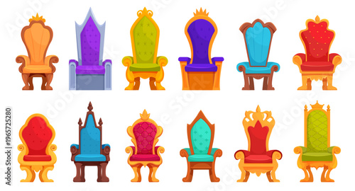 Royal thrones. Queen king throne different style. Ancient style chairs for monarch, medieval ceremonial hall interior furniture. Royalty palace or castle sapid vector objects