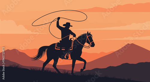 Western cowboy, horse silhouette, sunset landscape, vector rodeo