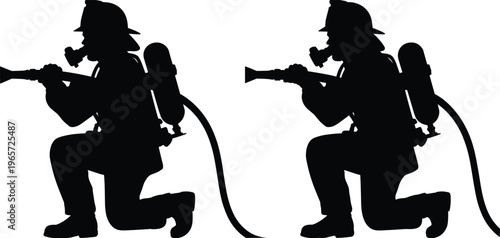 Firefighter silhouette kneeling with hose and breathing apparatus showcasing emergency response and rescue service isolated on white background