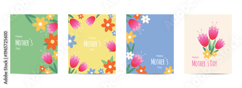 Mother’s Day Floral Greeting Card Set, Cute Spring Flower Posters Collection. Template for social media .
