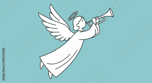 Angel, winged angel, white angel, trumpet player, heavenly music, blue background