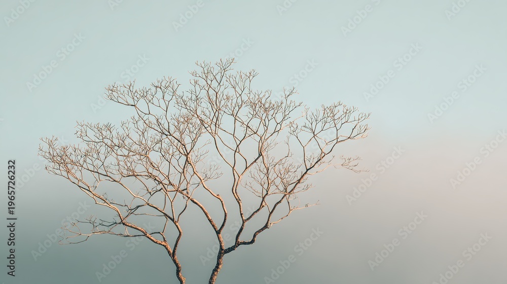Fototapeta premium lineage. A solitary tree with complex branches against a soft background, symbolizing family roots in morning light. gardening catalogs.