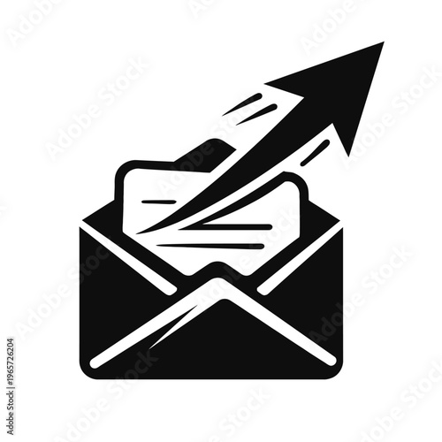 Black and white icon of an envelope with a letter and an upward arrow, symbolizing successful email sending or communication.