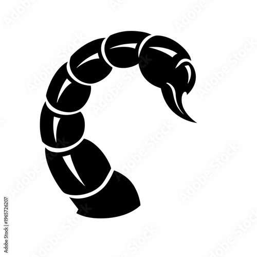 A black scorpion silhouette with a curved tail and stinger on a white background