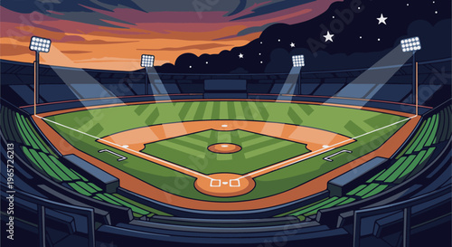 Pixelated baseball stadium at dusk with dramatic orange sky and stars