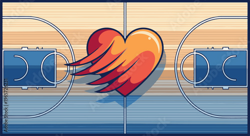 Pixelated basketball court with a vibrant heart-shaped logo