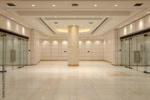 A spacious, brightly lit interior with a central pillar, symmetrical design, glass doors, and recessed ceiling lights. Polished marble flooring