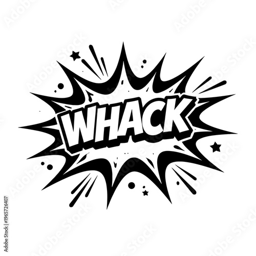 Comic book style whack sound effect in black and white for creative projects and designs needing a dynamic impact