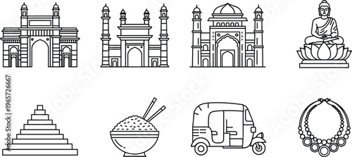 Indian culture icon set featuring landmarks, Buddha statue, Taj Mahal, rickshaw, traditional food, and jewelry in thin line style for travel and tourism.