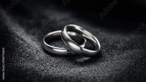 electroluminescence. Two silver wedding bands overlapping on dark velvet fabric. lifestyle magazines, social media lookbooks, designed for lifestyle magazines and social media content.