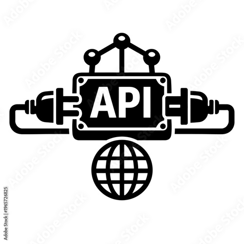 Black and white illustration of API concept with globe and plug connections for software development and integration