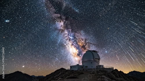 A stunning nighttime scene of a telescope observatory capturing the Milky Way galaxy with star trails on a mountainous landscape.