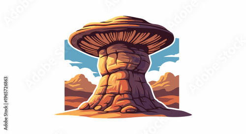 Pixel art of a surreal rock formation resembling a mushroom in a desert landscape