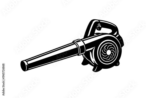 Black and white illustration of a leaf blower on a white background