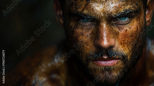 Close-up portrait of determined man with intense blue eyes, his face covered in dirt and sweat, suggesting fierce struggle or arduous journey through rugged environment