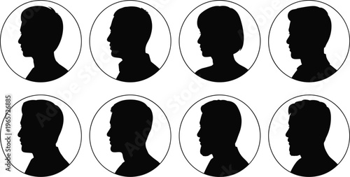 Silhouette of Diverse People in Circular Profile Frames, Portraits of Different Individuals, Team and Social Identity Concept