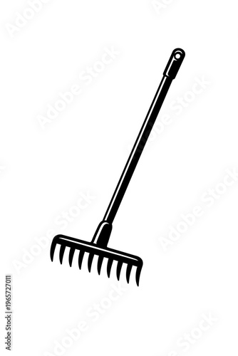 A black and white illustration of a garden rake with a long handle and multiple tines for yard work and gardening tasks.
