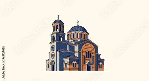Pixel art of an Orthodox church with blue domes and orange accents