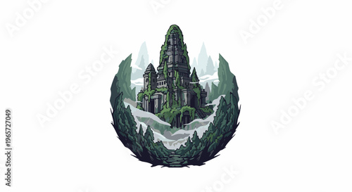 Pixel art of ancient moss-covered temple ruins on a mountain amidst foggy peaks