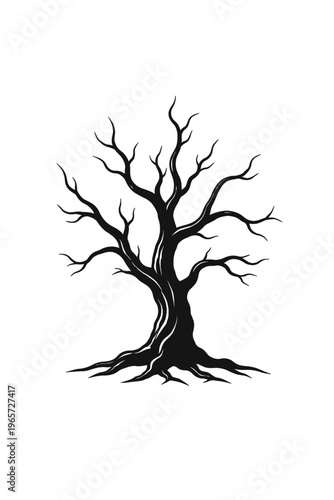 A black silhouette of a bare tree with twisted branches and roots on a white background