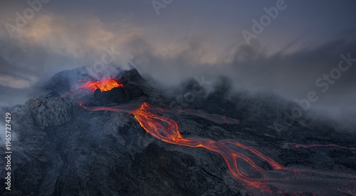 Aerial view, erupting volcano with lava fountains and lava field, crater with erupting lava and lava flow, Fagradalsfjall, Reykjanes Peninsula, Iceland