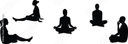 Silhouettes of people sitting, meditating, and relaxing in yoga or mindfulness poses in a peaceful vector wellness illustration scene.