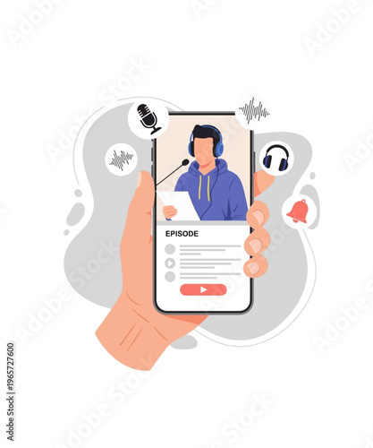 Hand holding smartphone displaying a podcast episode interface with broadcasting icons and audio waveforms.