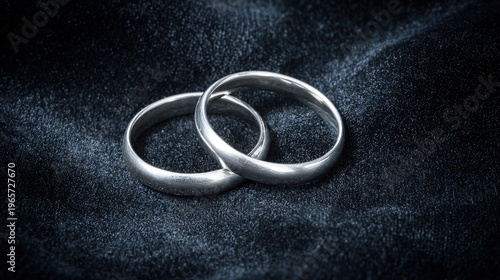 electroluminescence. Two silver wedding bands overlapping on dark velvet fabric. lifestyle magazines, social media lookbooks, designed for lifestyle magazines and social media content.