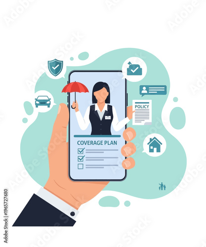 Digital insurance agent assists with mobile coverage plan selection featuring policy documents and protection symbols