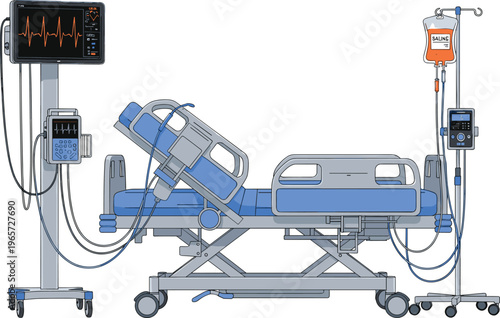 Modern hospital bed illustration with heart rate monitor, intravenous drip stand, and life support equipment for intensive care unit medical concept on white.