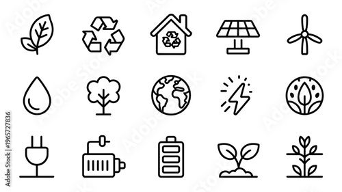 Minimal Ecology Line Icon Set Sustainability, Green Energy and Environment Symbols