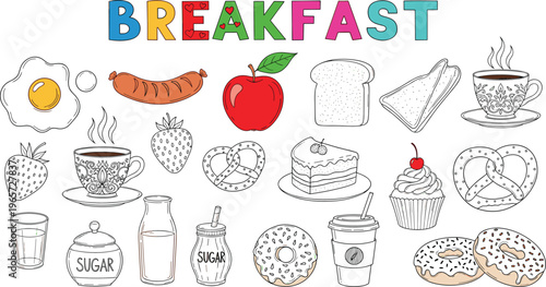 Colorful and Fun Breakfast Icon Set Featuring Coffee, Donuts, Cake, Egg, Fruit, Cupcake, Toast, and Other Morning Essentials