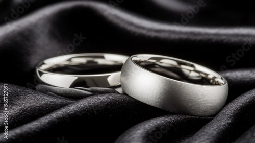 electroluminescence. Two silver wedding bands overlapping on dark velvet fabric. lifestyle magazines, social media lookbooks, designed for lifestyle magazines and social media content.