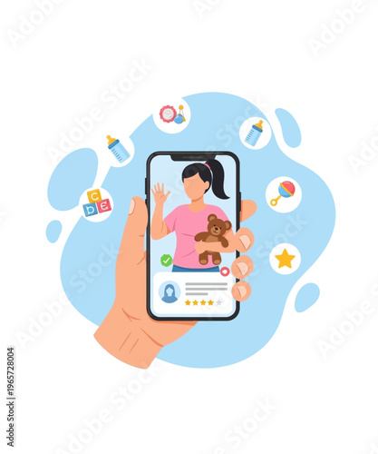 Hand holding a smartphone showing a caregiver connection with baby products and positive user rating icons