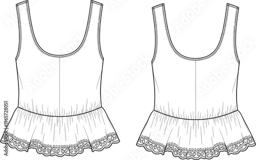 Technical fashion flat sketch of a sleeveless peplum top with scalloped eyelet lace hem, scoop neckline, and ruffled waist for women's apparel design.
