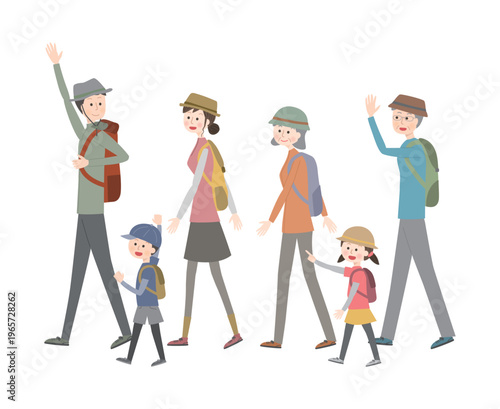 仲良くハイキングをしている三世代家族