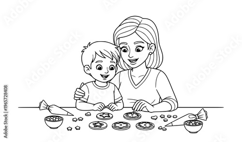 Cute mother and son decorating cookies coloring page with fun kitchen baking activity