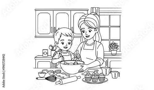Mother and son baking together coloring page with cozy kitchen scene for kids activity book