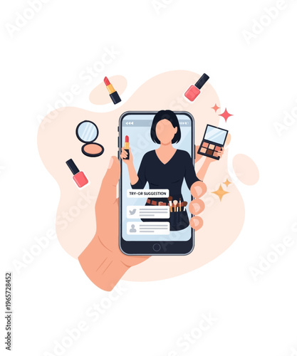 Digital beauty influencer on a smartphone screen showcasing makeup products and offering virtual try-on suggestions.