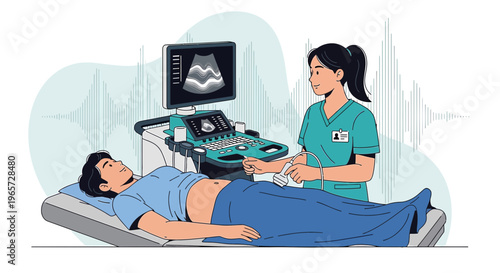 Doctor performing ultrasound on male patient, medical technology, diagnostic imaging