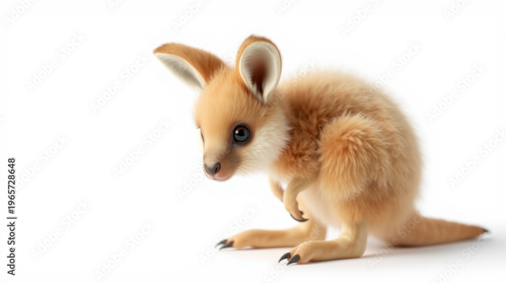 Obraz premium Young kangaroo closeup. Soft fur, delicate paws, curious expression. Isolated on white background, adorable wildlife portrait.