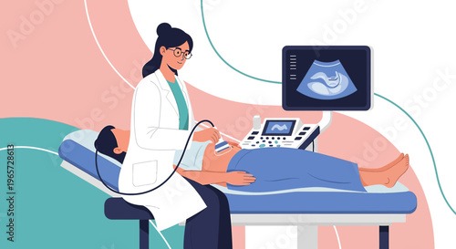 Doctor performing ultrasound on patient, showing internal organs on screen, medical examination