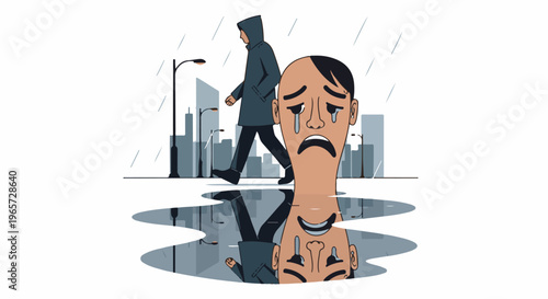 Sad reflection in a puddle on a rainy city street