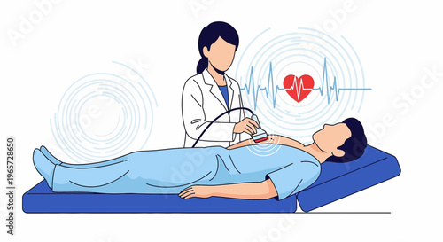 Doctor performing ultrasound on patient's neck, heart rhythm displayed