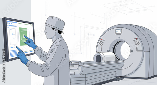 Doctor Operating CT Scanner Touchscreen Interface in Medical Room