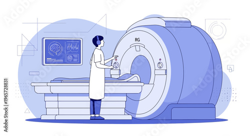 Doctor operating MRI scanner for brain scan, medical technology, diagnostic imaging