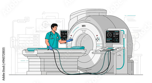 Doctor operating MRI scanner for patient diagnosis in modern medical clinic