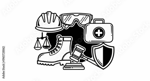 Safety and legal protection icons helmet, goggles, first aid, scale, boot, gavel, shield
