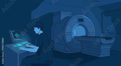 Doctor Operating MRI Scanner in Modern Medical Room