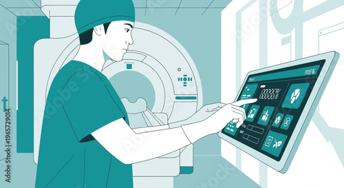 Doctor operating MRI scanner with futuristic touchscreen interface in modern hospital room